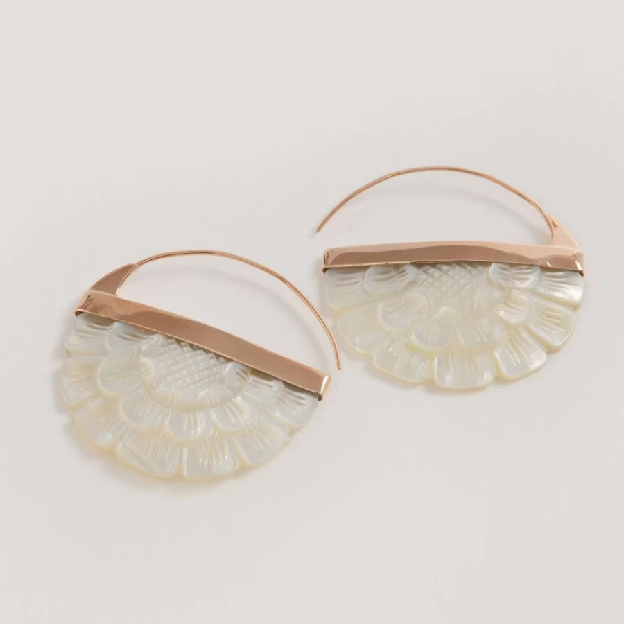 Freya Rose Women's Hand Carved Mother of Pearl Rose Hoop Earrings - Elegant Floral Design Jewelry