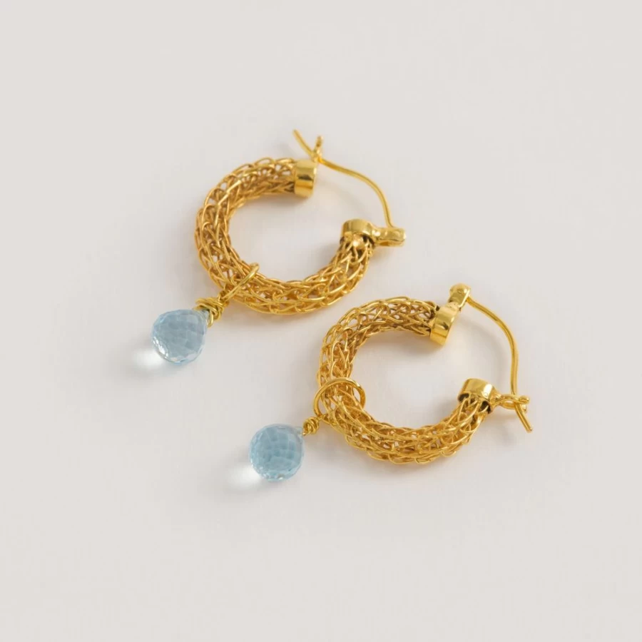 Freya Rose Gold Weave Mini Hoop Earrings with Blue Topaz Charm for Women