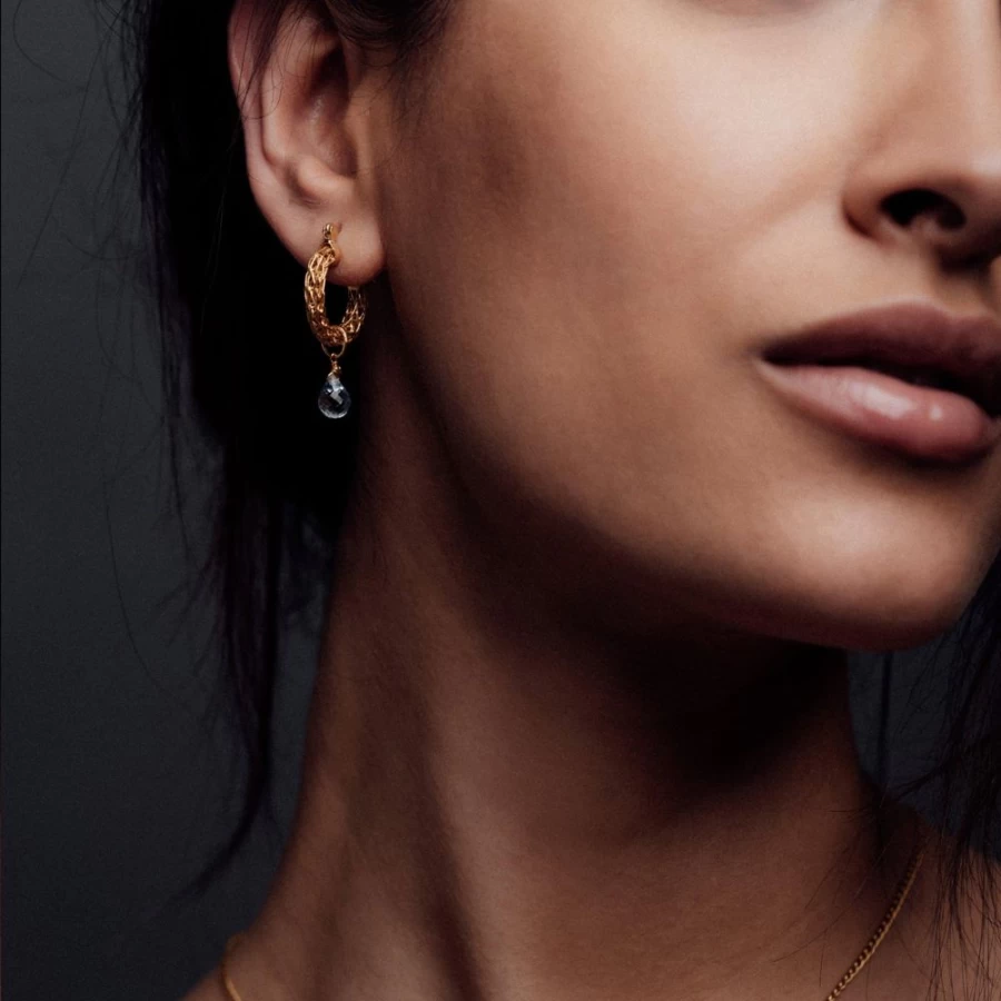 Freya Rose Gold Weave Mini Hoop Earrings with Blue Topaz Charm for Women