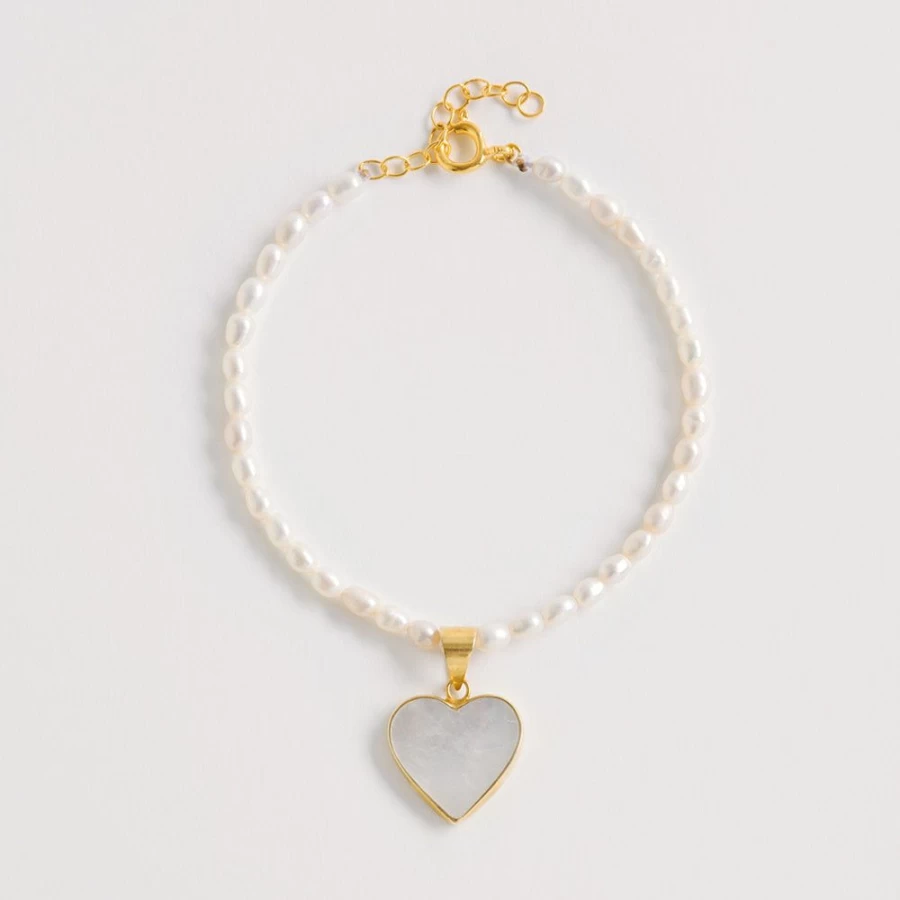 Freya Rose Women's Elegant Rice Pearl Bracelet with Sterling Silver Heart Charm