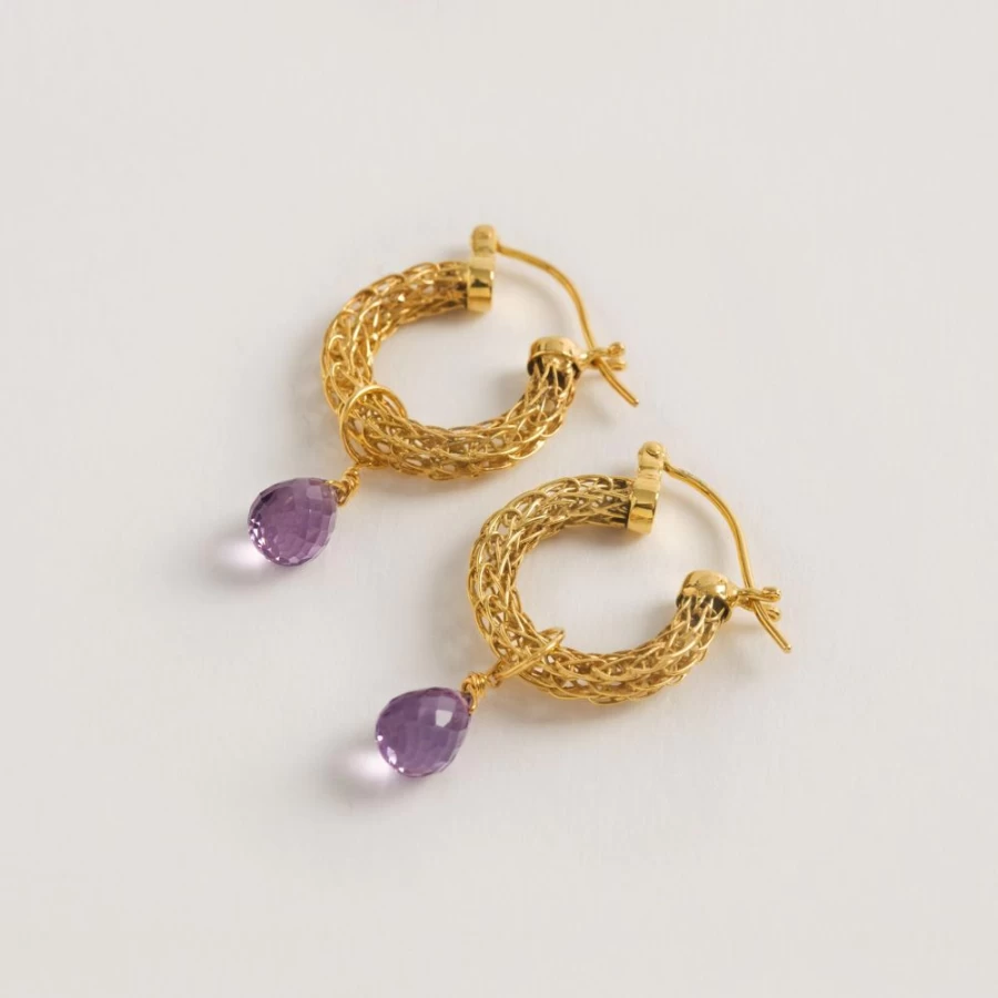 Freya Rose Gold Weave Mini Hoop Earrings with Amethyst Charm for Women