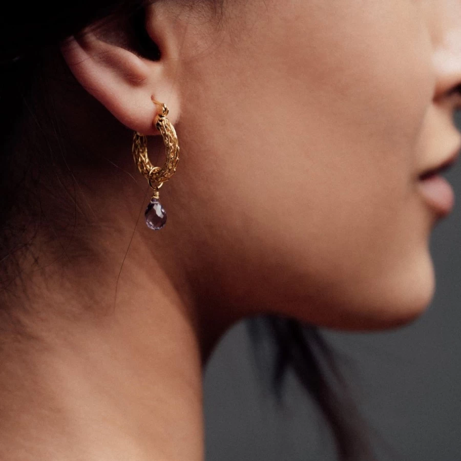 Freya Rose Gold Weave Mini Hoop Earrings with Amethyst Charm for Women