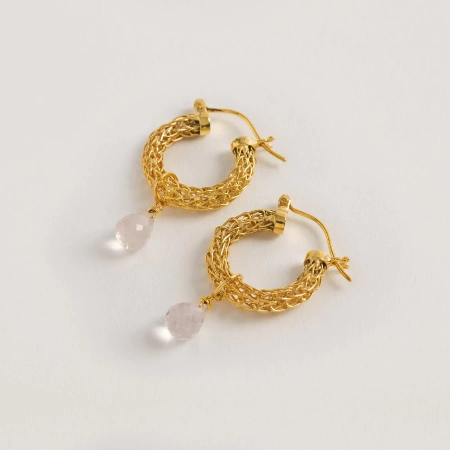 Freya Rose Gold Weave Mini Hoop Earrings with Rose Quartz Charm for Women