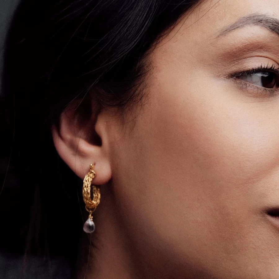 Freya Rose Gold Weave Mini Hoop Earrings with Rose Quartz Charm for Women