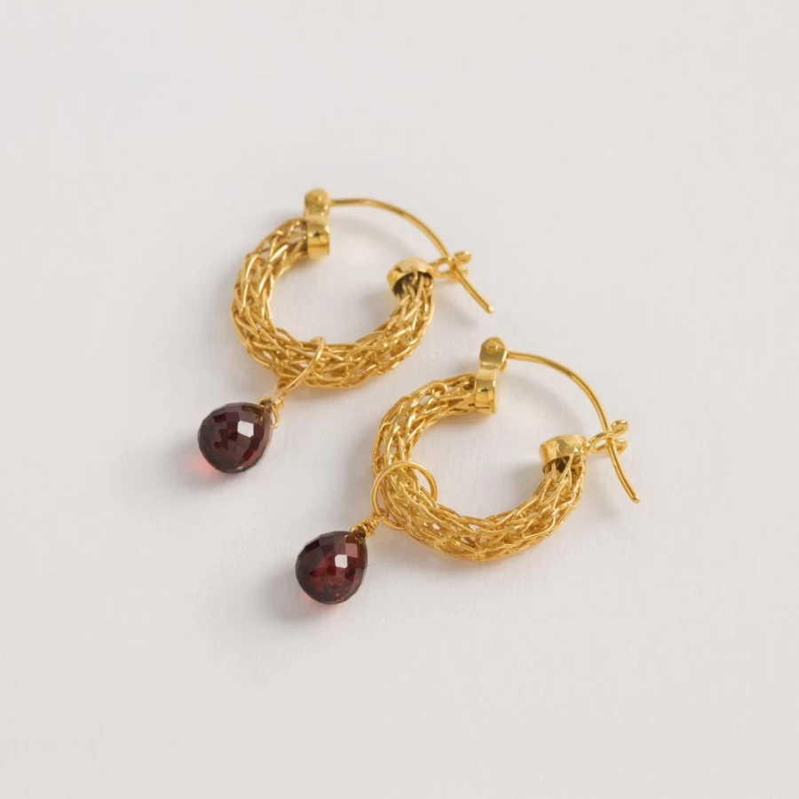 Freya Rose Gold Weave Mini Hoop Earrings with Garnet Charm for Women
