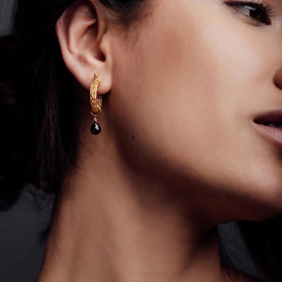 Freya Rose Gold Weave Mini Hoop Earrings with Garnet Charm for Women