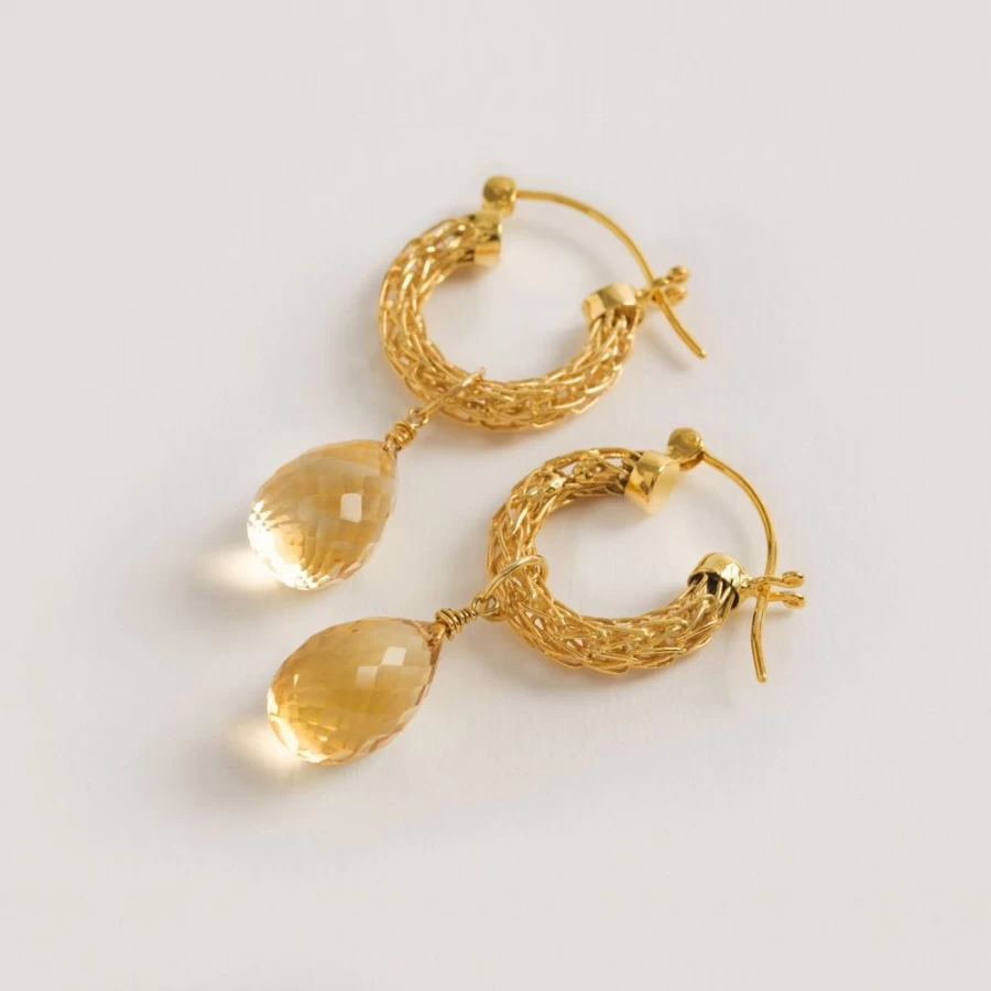 Freya Rose Gold Weave Mini Hoop Earrings with Citrine Charm for Women