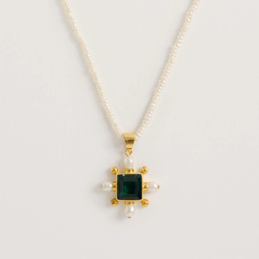 Freya Rose Women's Seed Pearl Necklace with Green Quartz Cross Pendant