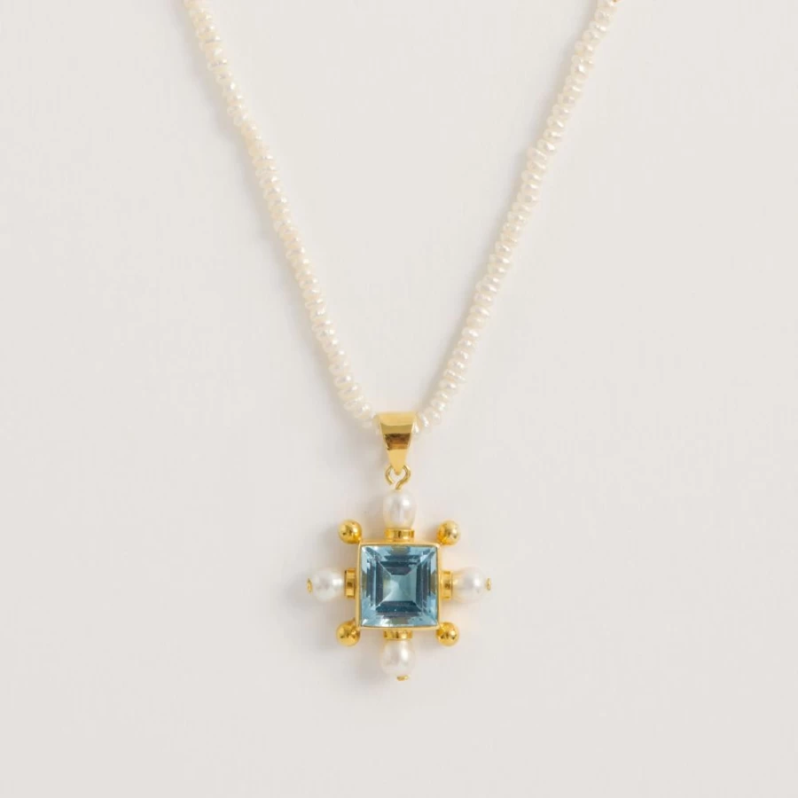 Freya Rose Women's Seed Pearl Necklace with Blue Topaz Cross Pendant - Elegant Bridal Jewelry Gift