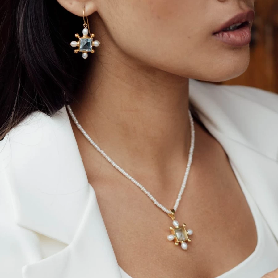 Freya Rose Women's Seed Pearl Necklace with Blue Topaz Cross Pendant - Elegant Bridal Jewelry Gift