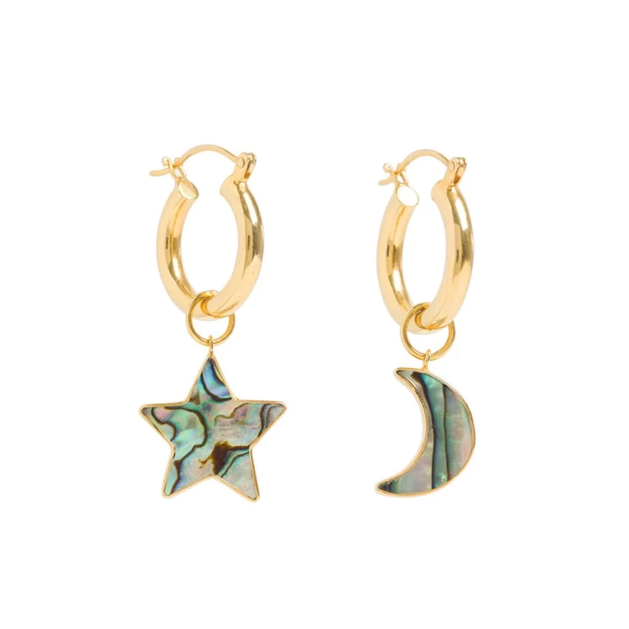 Freya Rose Women's Mini Hoops Earrings with Paua Shell Star and Moon Design
