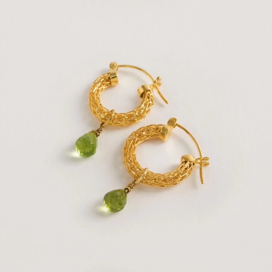 Freya Rose Gold Weave Mini Hoop Earrings with Peridot Charm for Women