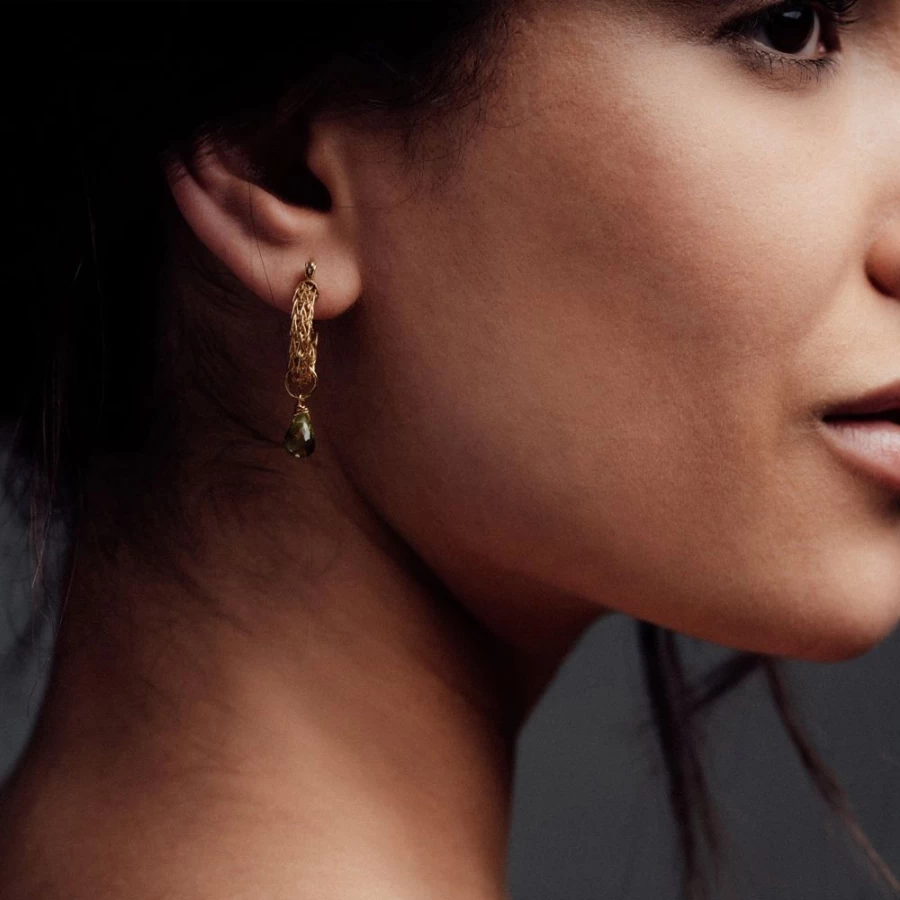 Freya Rose Gold Weave Mini Hoop Earrings with Peridot Charm for Women