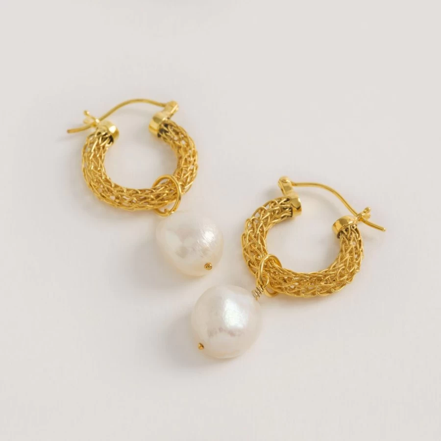 Freya Rose Gold Weave Mini Hoop Earrings with Baroque Pearl for Women